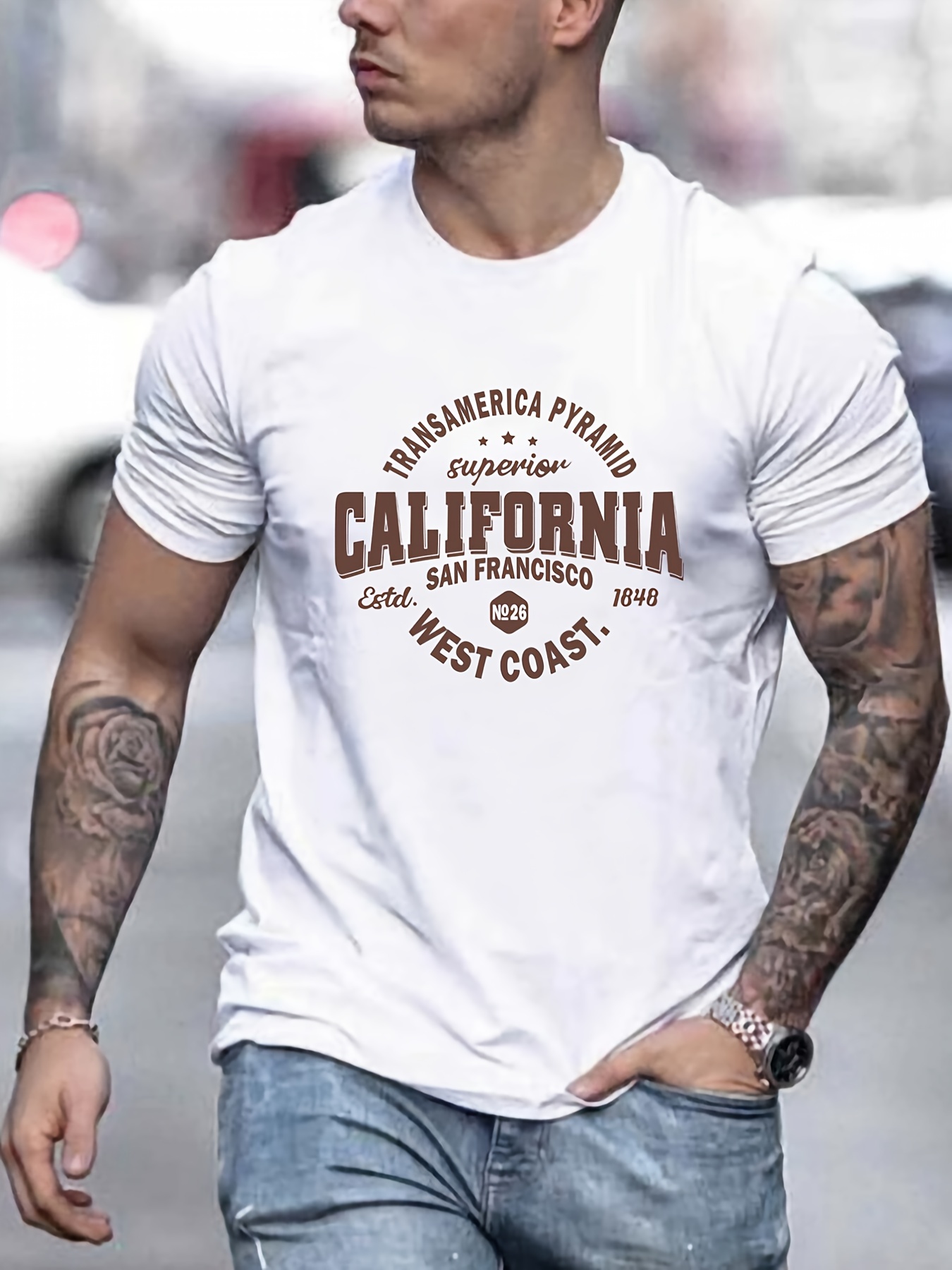 mens casual california west coast slightly stretch crew neck short sleeve t shirt male clothes for summer details 0