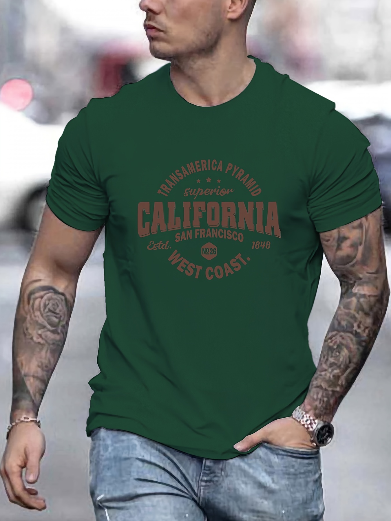 mens casual california west coast slightly stretch crew neck short sleeve t shirt male clothes for summer details 10