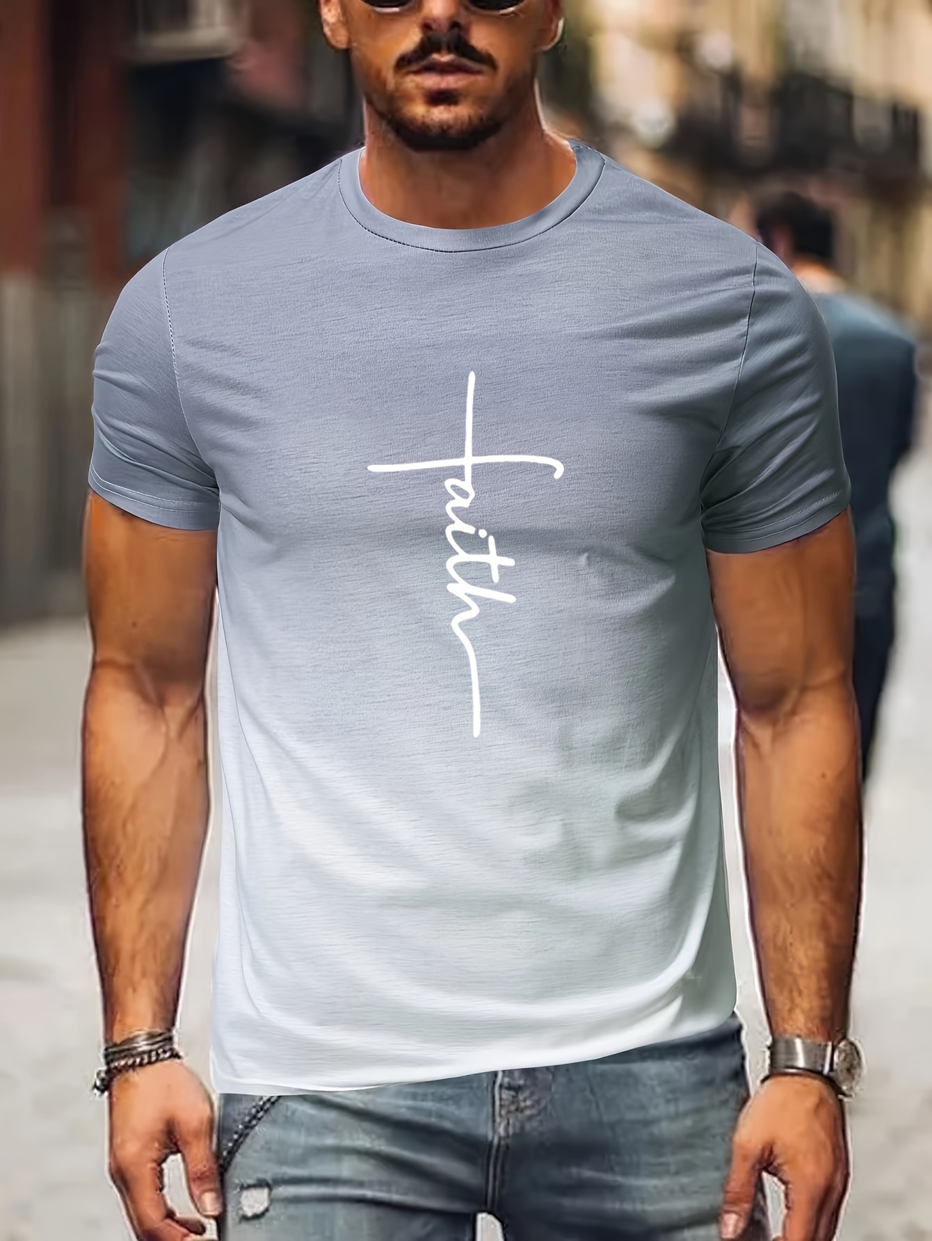 faith print mens trendy gradient short sleeve crew neck t shirt summer outdoor details 0