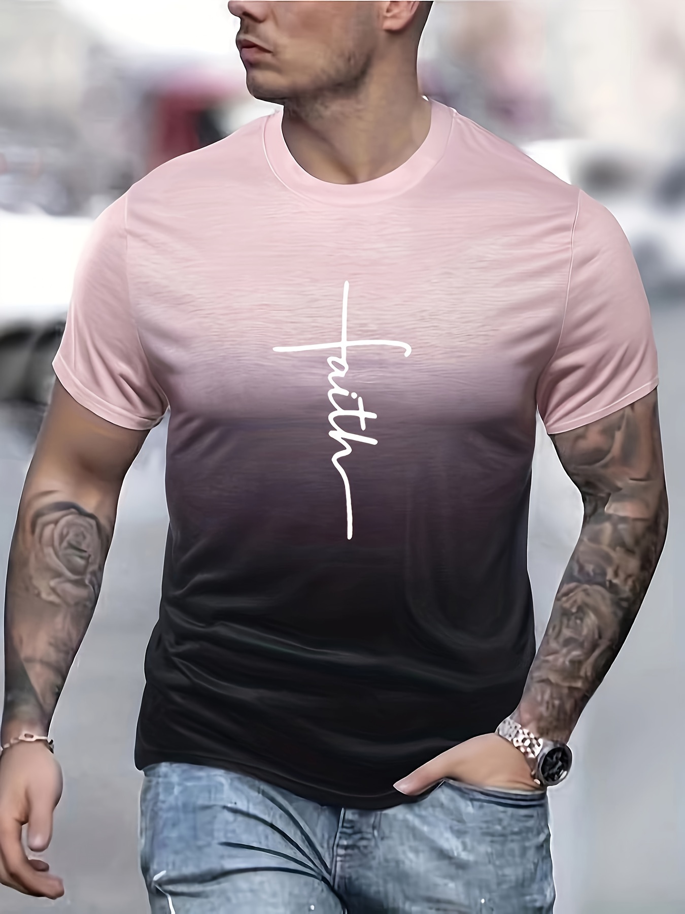 faith print mens trendy gradient short sleeve crew neck t shirt summer outdoor details 5