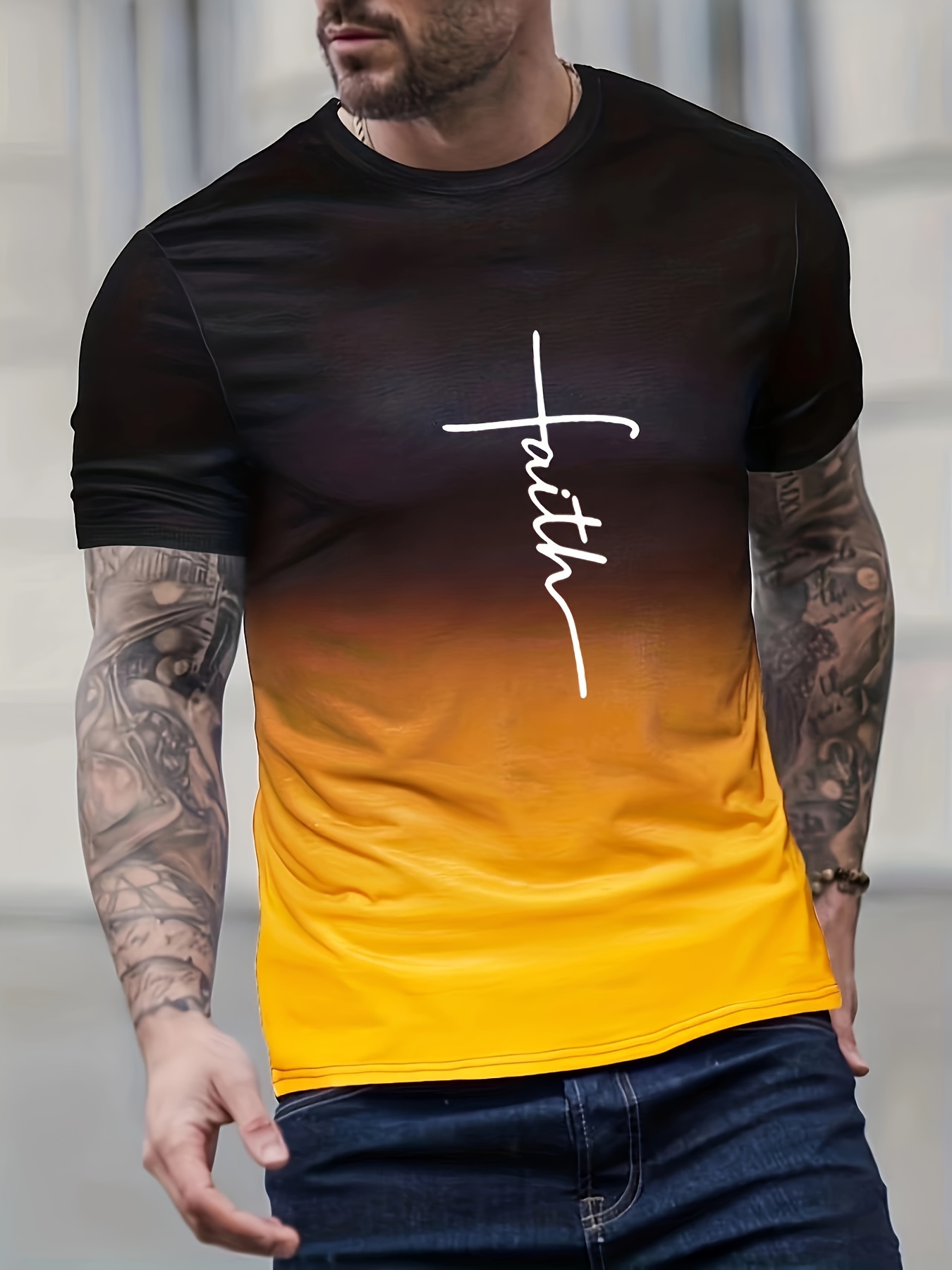 faith print mens trendy gradient short sleeve crew neck t shirt summer outdoor details 15