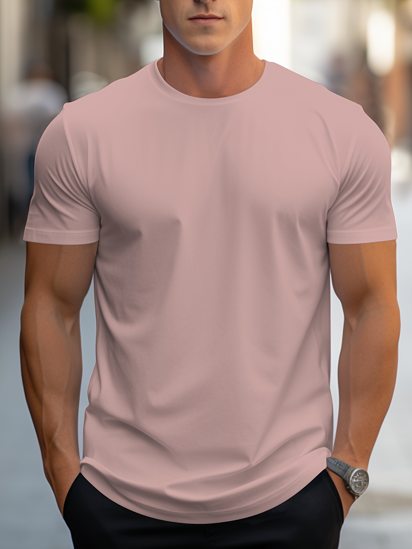 solid color print mens round neck short sleeve tee fashion regular fit t shirt top for spring summer holiday details 0