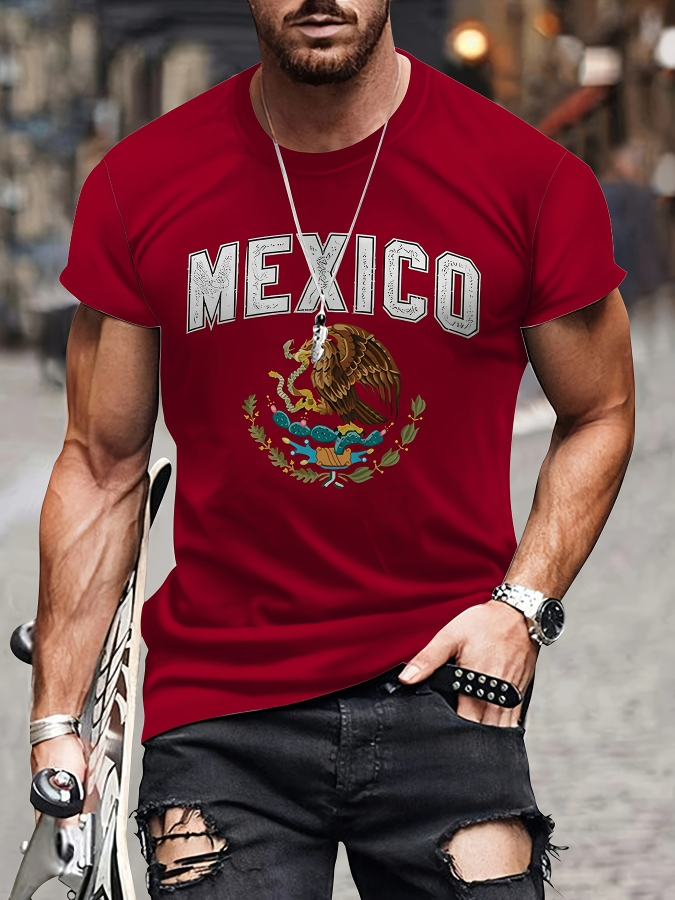 mens mexican eagle and snake pattern and alphabet print mexico t shirt with crew neck and short sleeve chic and stylish tops for summer outdoors wear details 1