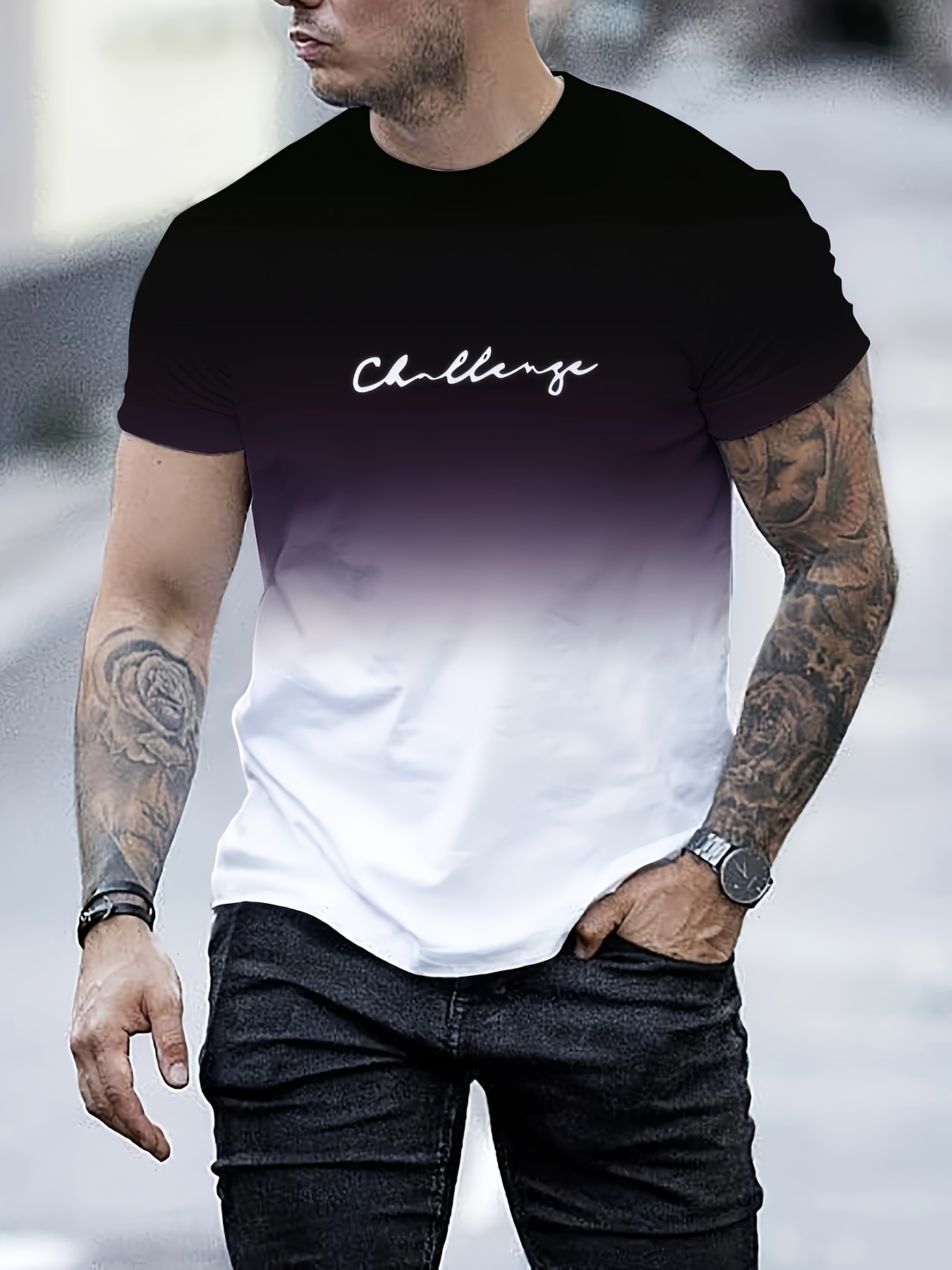 challenge print mens fashion gradient short sleeve crew neck t shirt summer outdoor details 1