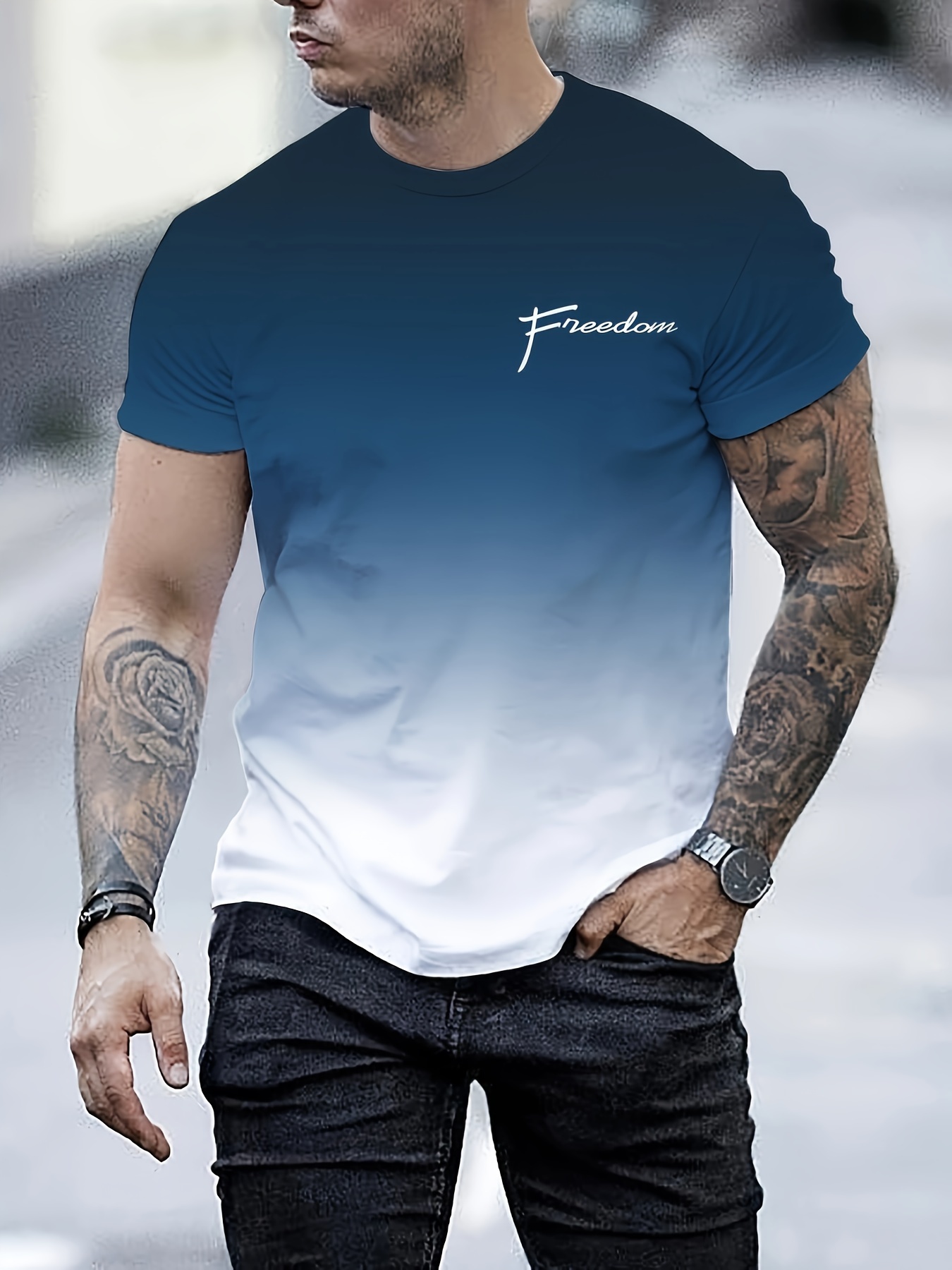 challenge print mens fashion gradient short sleeve crew neck t shirt summer outdoor details 4