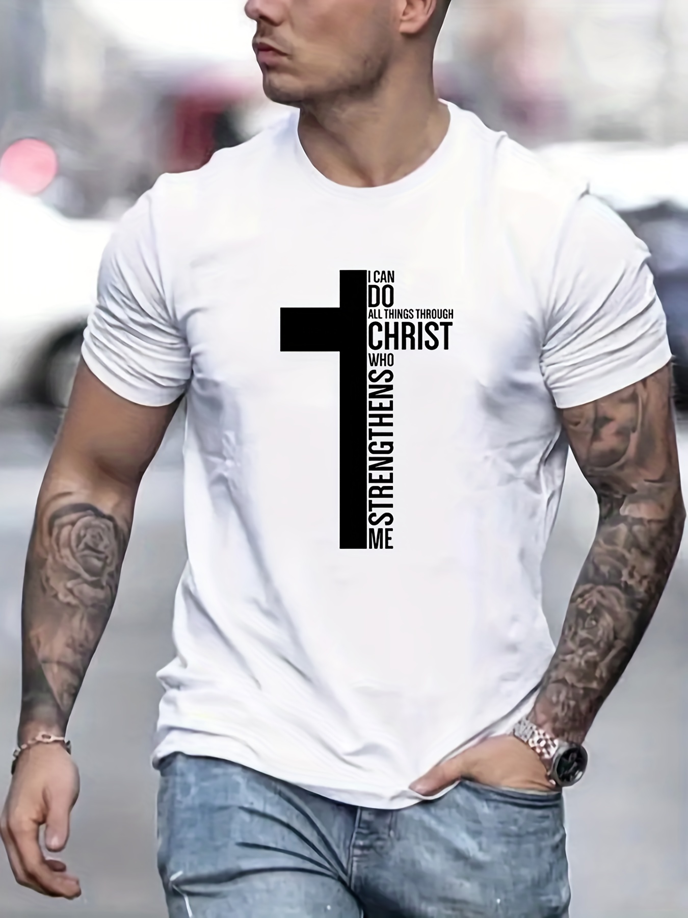 fashion cross graphic print mens creative top casual slightly stretch short sleeve crew neck t shirt mens tee for summer outdoor details 30