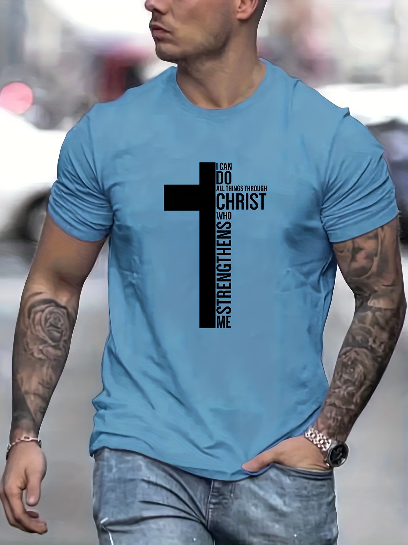 fashion cross graphic print mens creative top casual slightly stretch short sleeve crew neck t shirt mens tee for summer outdoor details 46