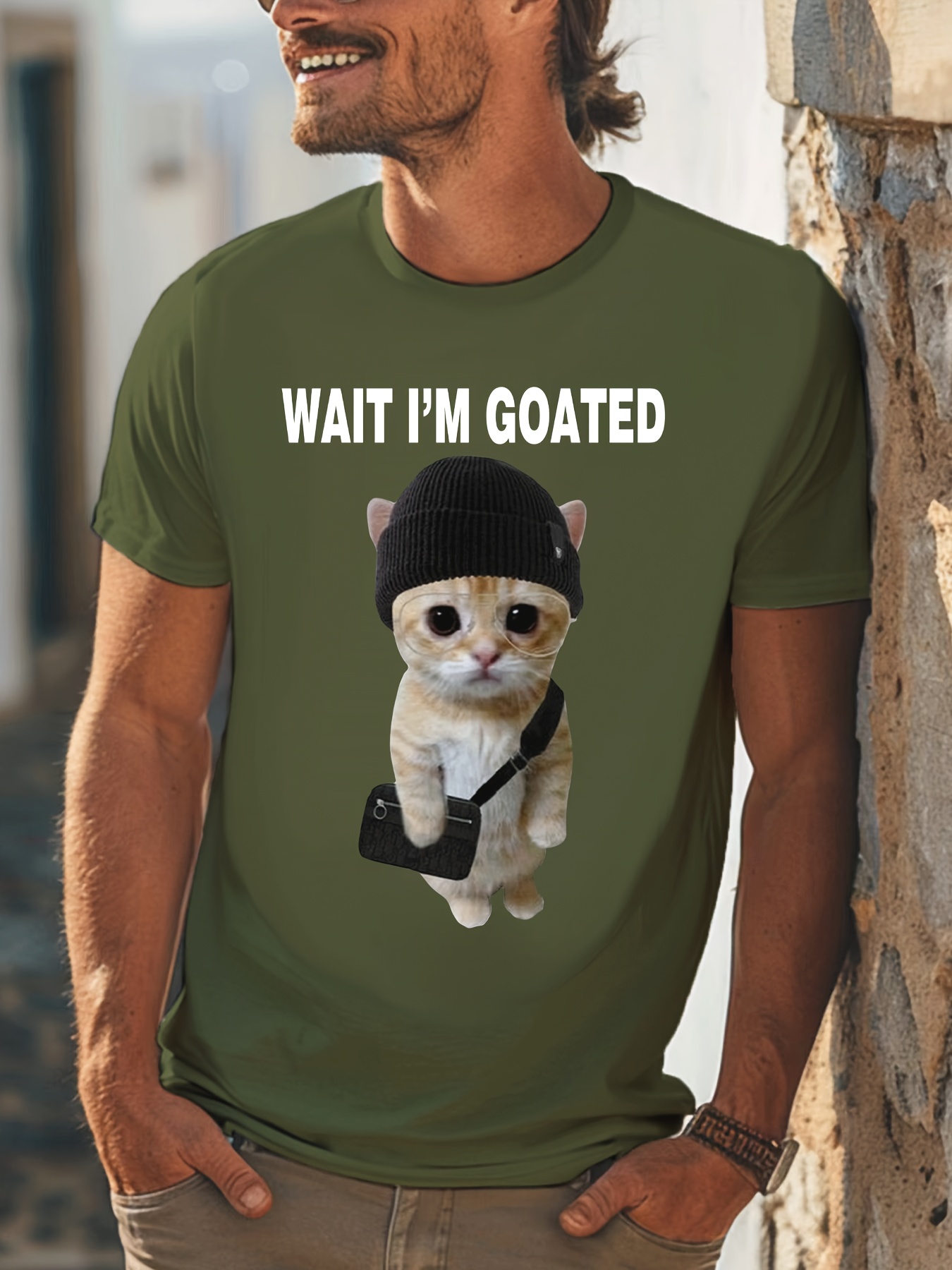 funny meme cat with hat graphic mens short sleeve t shirt comfy stretchy trendy tees for summer casual daily style fashion clothing wait im goated print details 0