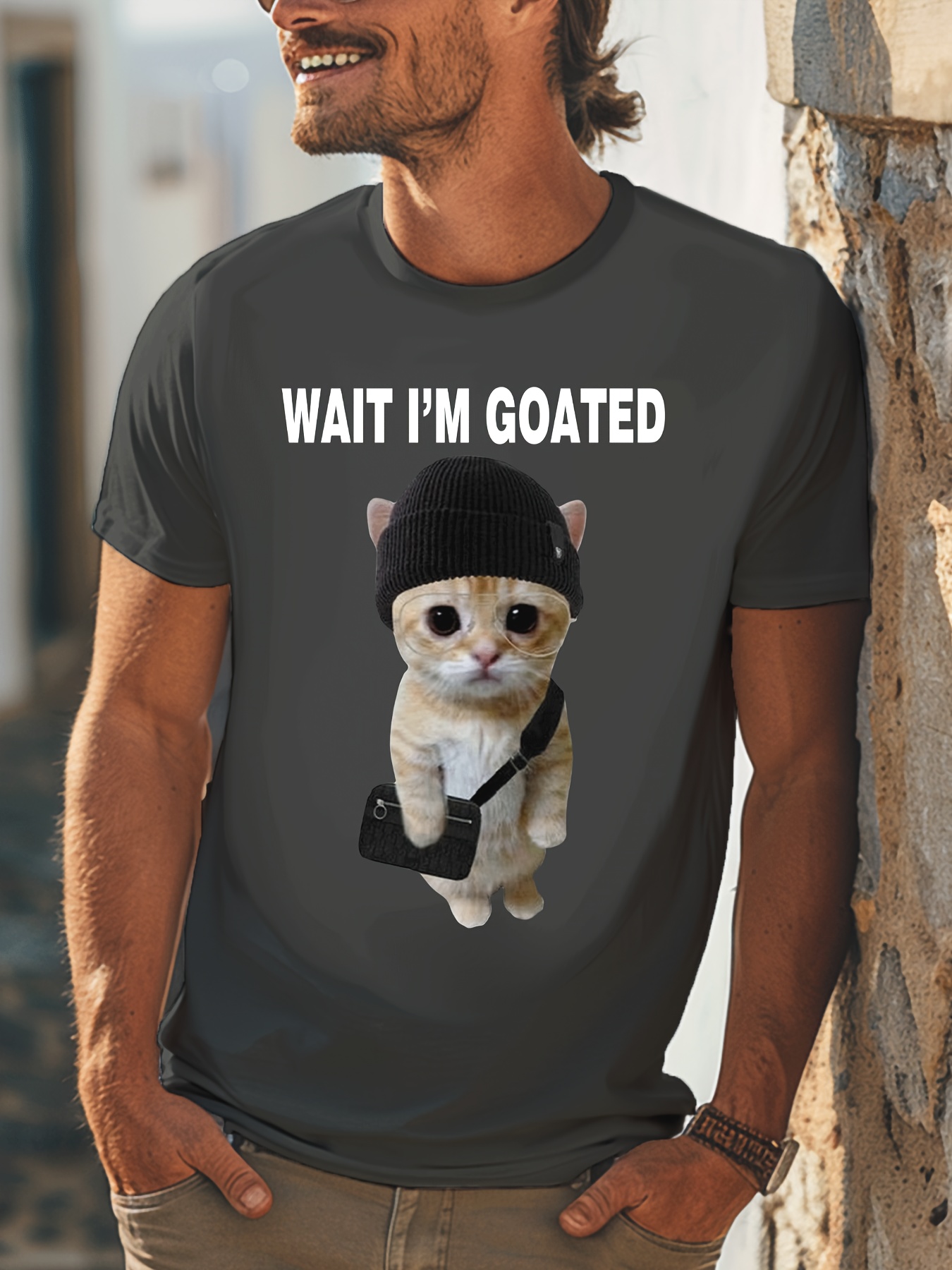 funny meme cat with hat graphic mens short sleeve t shirt comfy stretchy trendy tees for summer casual daily style fashion clothing wait im goated print details 7