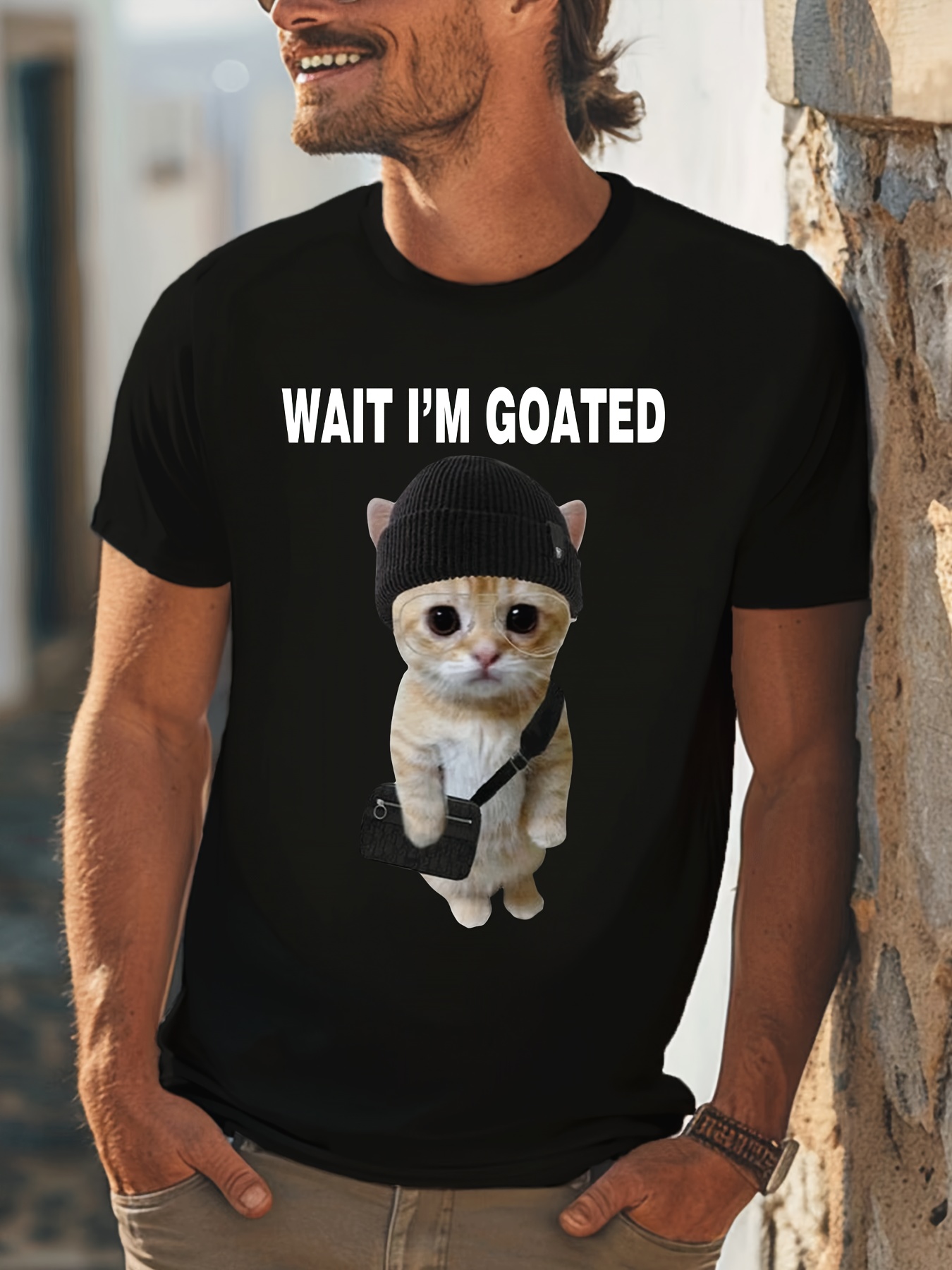 funny meme cat with hat graphic mens short sleeve t shirt comfy stretchy trendy tees for summer casual daily style fashion clothing wait im goated print details 18