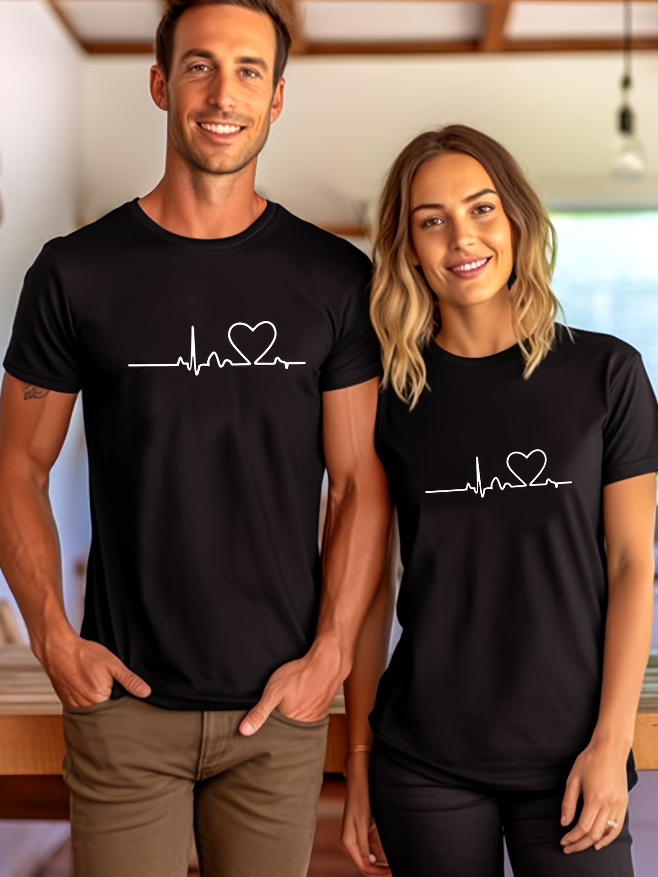 heart and wavy line graphic print mens novel graphic design t shirt casual comfy tees for summer mens clothing tops for daily activities as gifts for couple for valentines day details 6