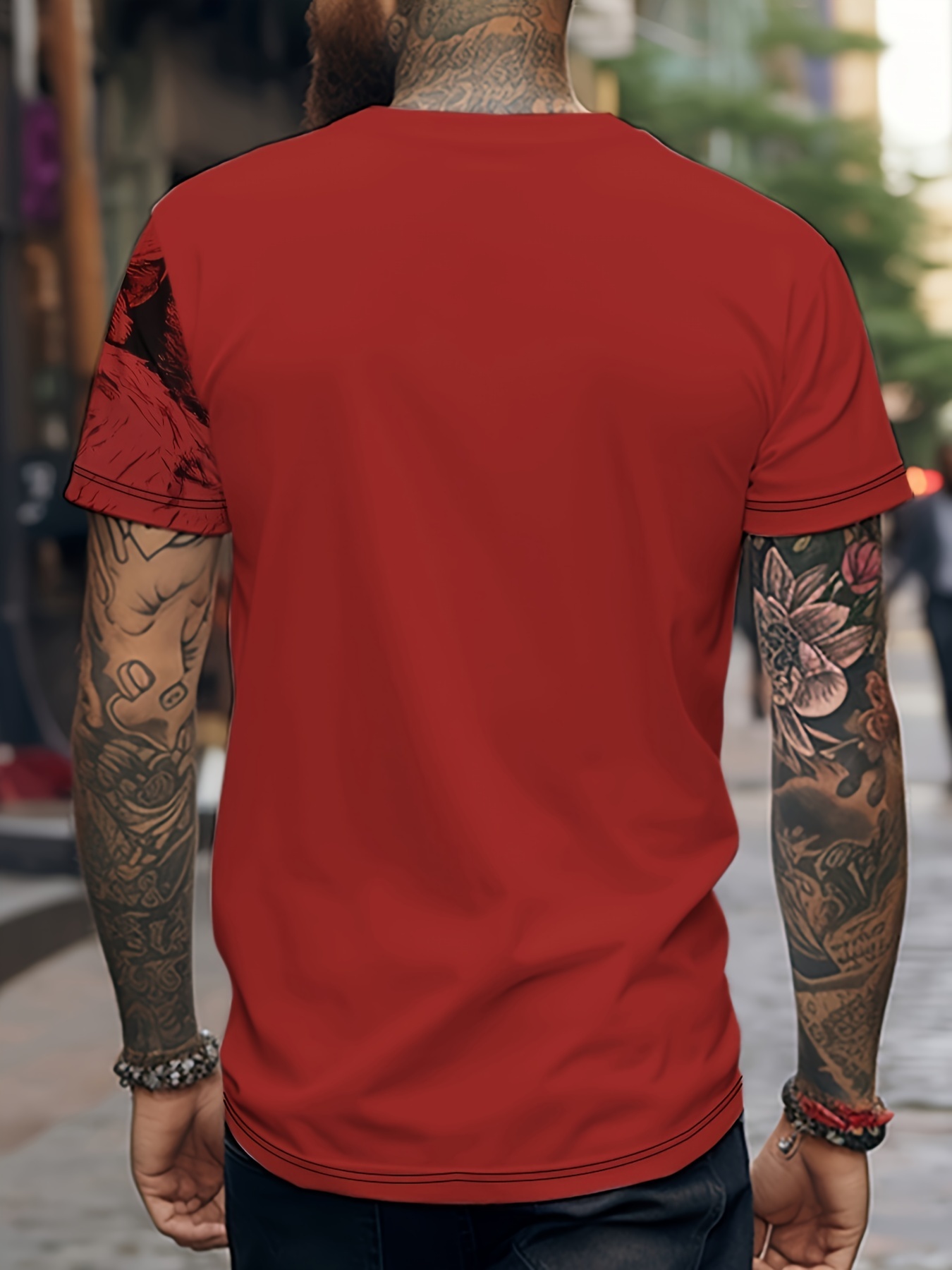 mens trendy bold red with lion graphic print short sleeve t shirt casual streetwear crew neck tee comfort fit summer top details 0