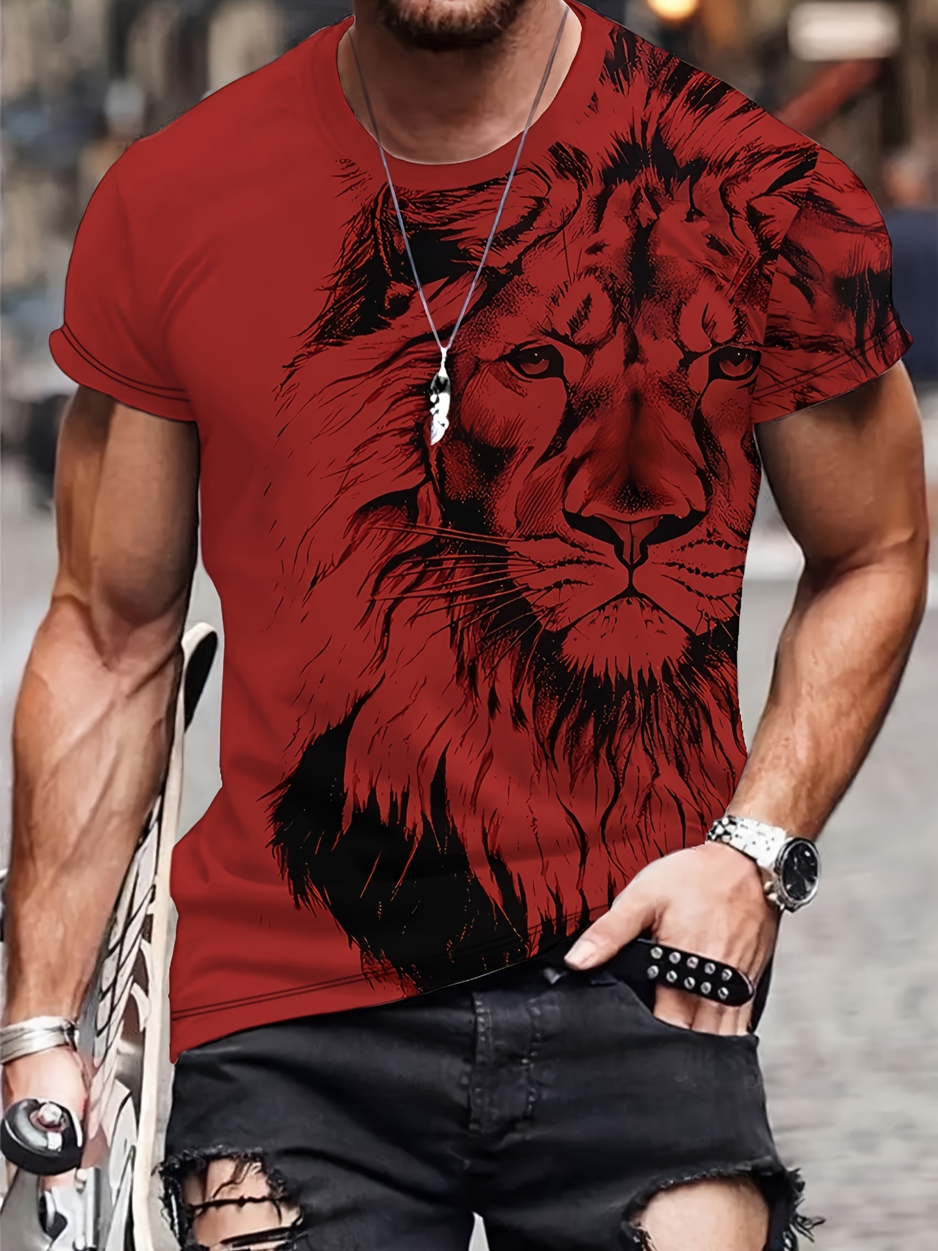 mens trendy bold red with lion graphic print short sleeve t shirt casual streetwear crew neck tee comfort fit summer top details 1