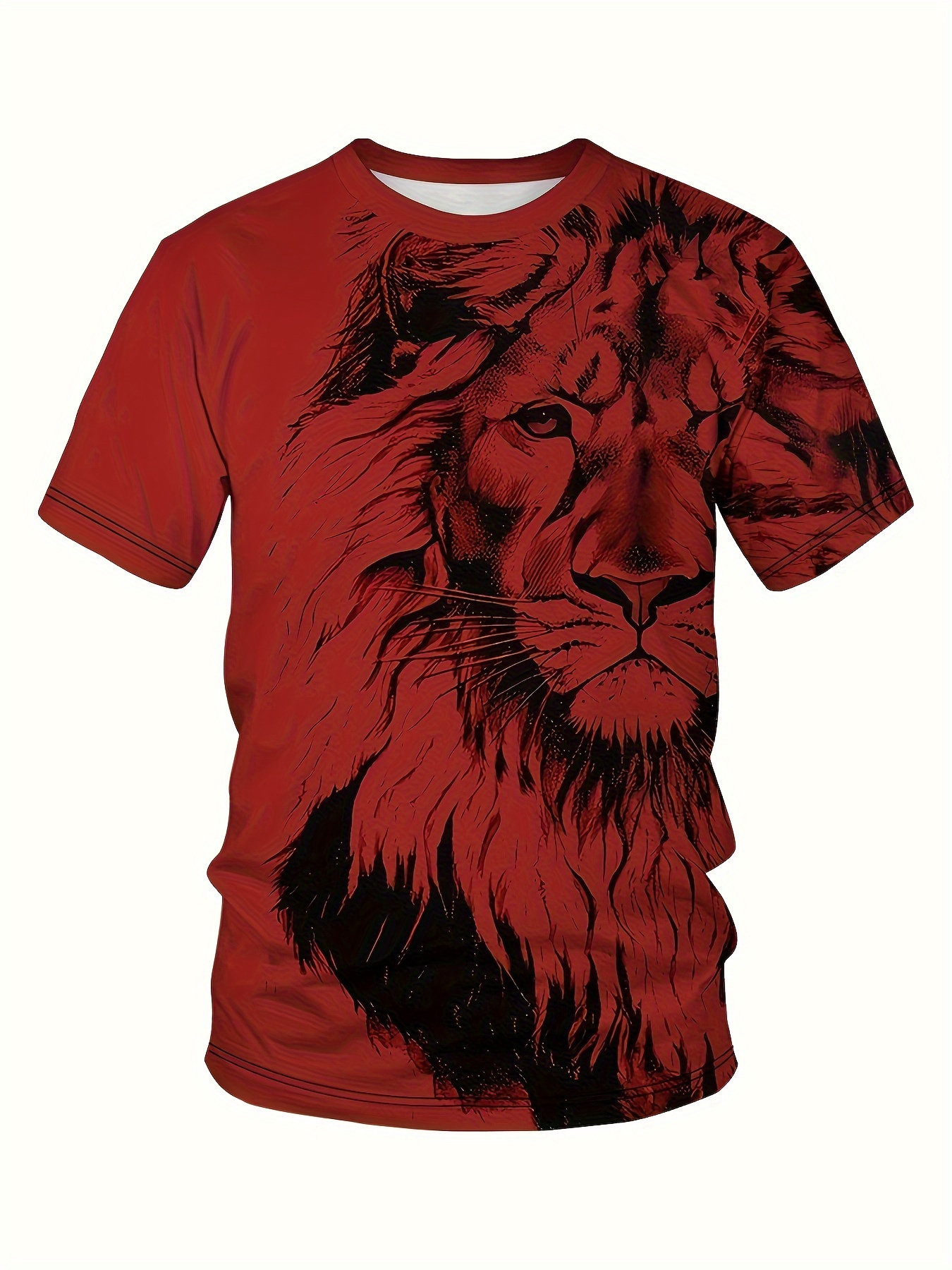 mens trendy bold red with lion graphic print short sleeve t shirt casual streetwear crew neck tee comfort fit summer top details 2