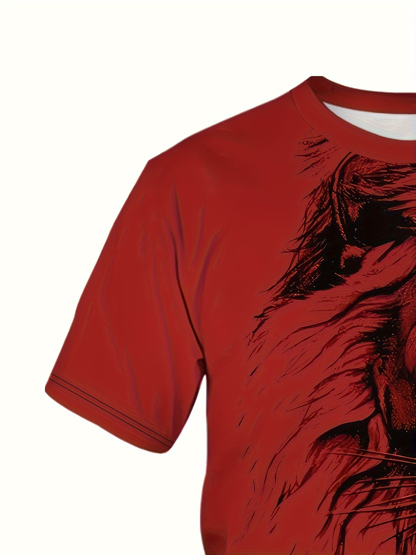 mens trendy bold red with lion graphic print short sleeve t shirt casual streetwear crew neck tee comfort fit summer top details 4