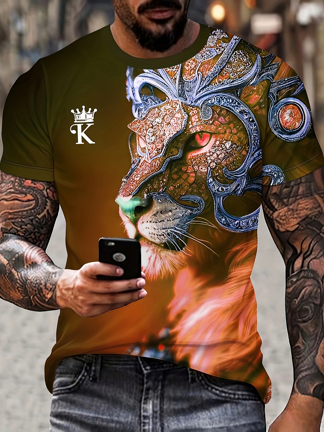 mens 3d lion diamond print graphic tee stylish comfy summer t shirt for daily wear vacation resorts details 0